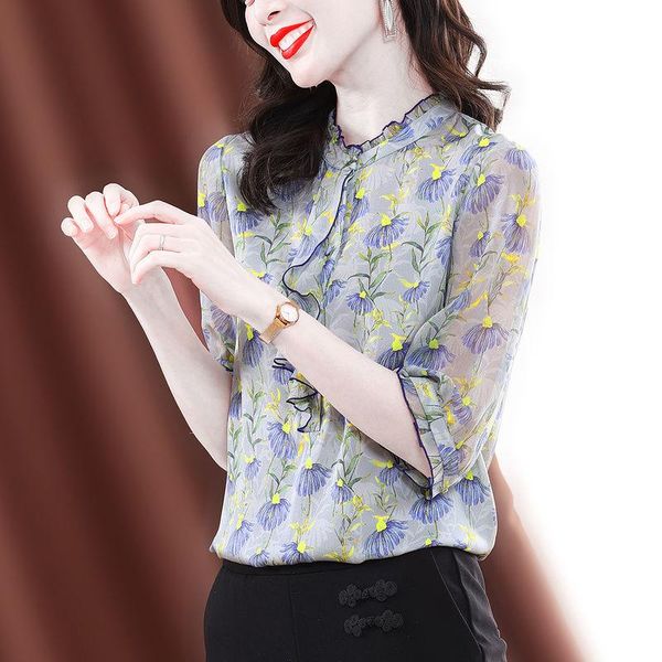 

t-shirt floral shirts women's spring summer new sevenpoint sleeve chiffon shirts loose casual female clothing shirt, White