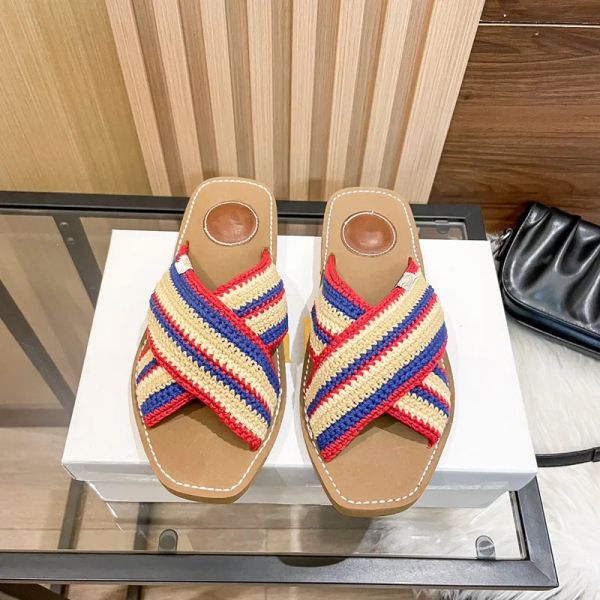 

casual shoes 2023 new fashion women's slippers designer flat bottom sandals summer outwear colorful ribbon knitted straight 35-42, Black