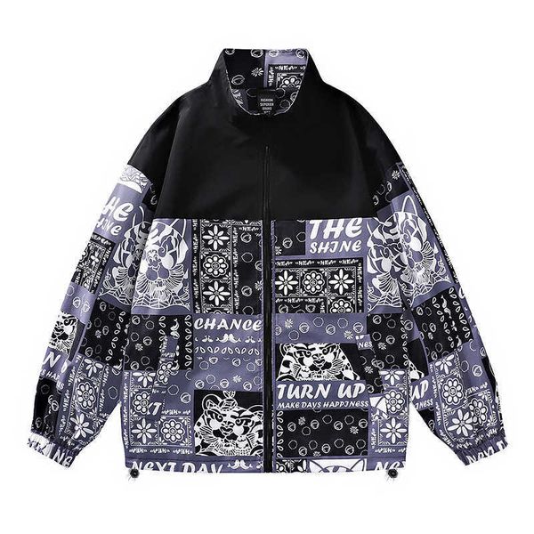 

spring new fashion standing neck jacket men's loose waist pattern personalized fashion men's top, Black;brown