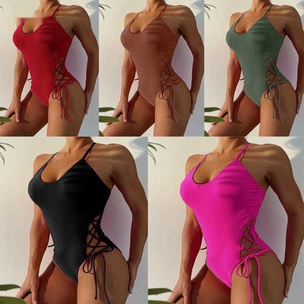 

women's swimwear kamei 2023 new bikini lace-up one piece solid color tankini beach swim wear d59x, White;black