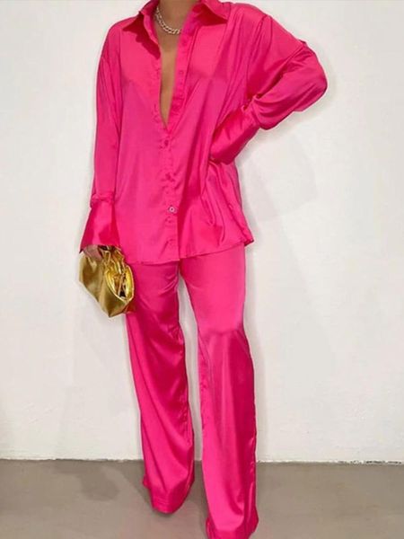 

pants women's elegant satin tracksuit female long sleeve shirt and wide leg straight pants sleepwear two piece set 2022 summer outfits, White