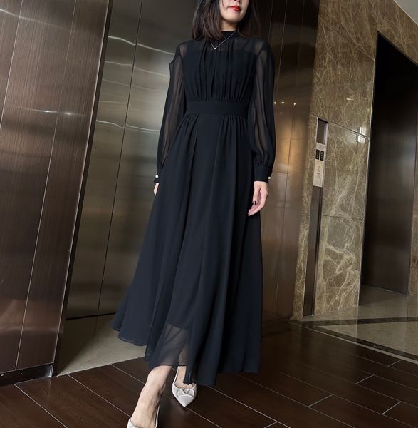 

runway dress 2023 spring & summer black long sleeve gathered waist silk dress