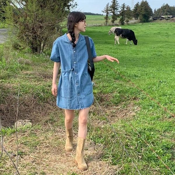 

basic & casual dresses: korean dongdaemun new fashion denim dress, mid-length, blue, v-neck, short sleeve, summer 2023, Black;gray
