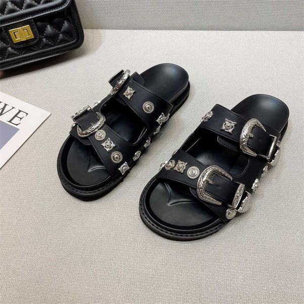 

slippers retro belt buckle thick-sole women's shoes handmade big head doll leather tassel mori girl literary flats casual 230511, Black