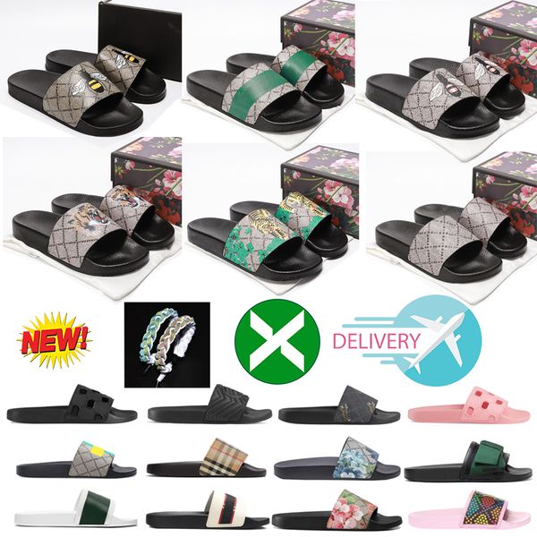 

luxury designer slippers for mens womens fashion classic flat summer beach shoes man scuffs leather rubber flat floral flower tiger slides s, Black