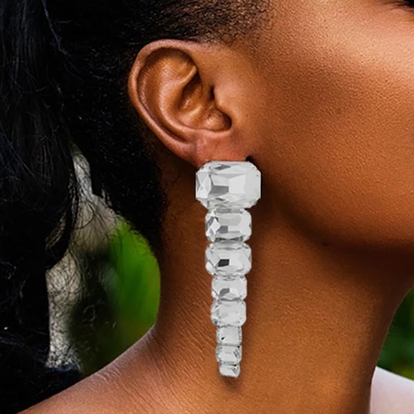 

exaggerated long crystal hanging earrings for women trendy luxury wedding drop earrings ladies fashion jewelry accessories, Silver