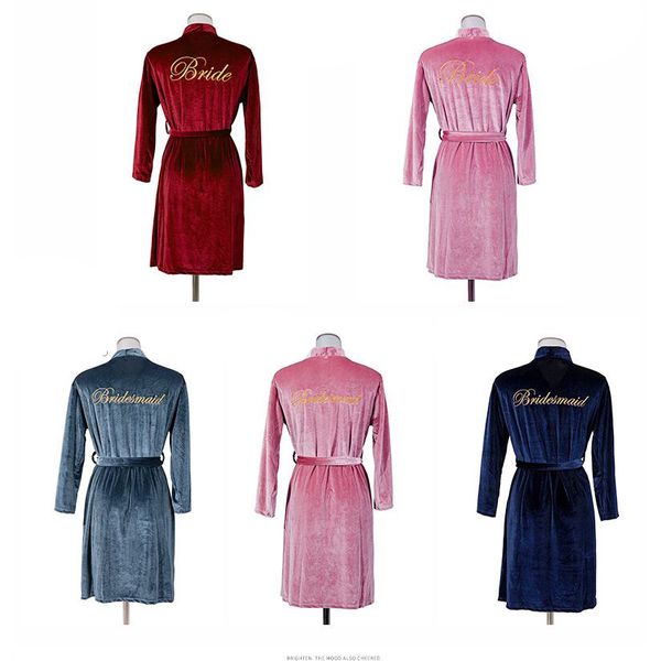 

undergarments embroidery bride wedding robe velvet women kimono bathrobe sleepwear bridesmaid dressing gown casual nightdress, White