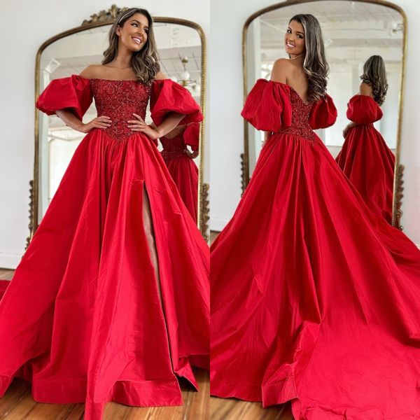

elegant red prom dresses sequins off shoulder a line party evening gowns pleats slit semi formal red carpet long special occasion dress, Black