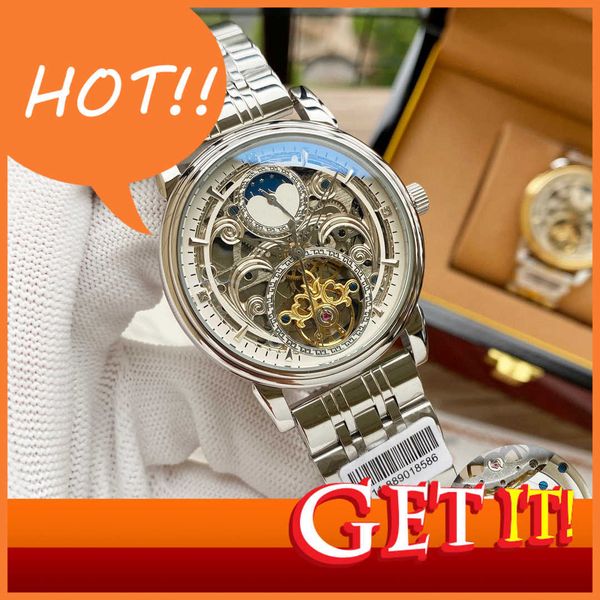

design brand men's mechanical watch men's temperament busins multifunctional large dial y automatic hollow belt watch luxury watch, Slivery;brown