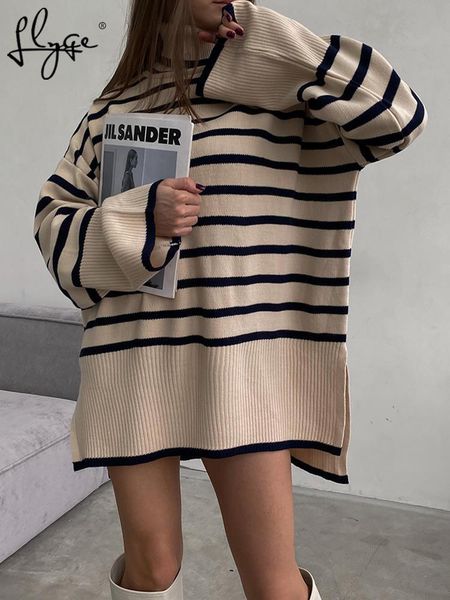 

sweaters striped split turtleneck women sweater long flare sleeve knitted oversized autumn winter female pullover fashion long sleeve top, White;black