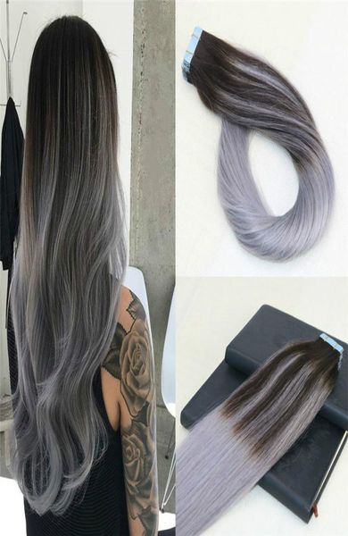 

100 unprocessed tape in human hair extensions omber sliver grey skin weft tape on hair extensions 8a thick ends balayage tape ins2290718, Black