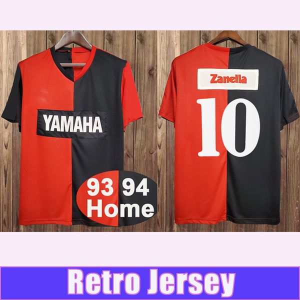 

1993 1994 newell's old boys retro soccer jerseys #10 home red black short sleeve football shirt, Black;yellow