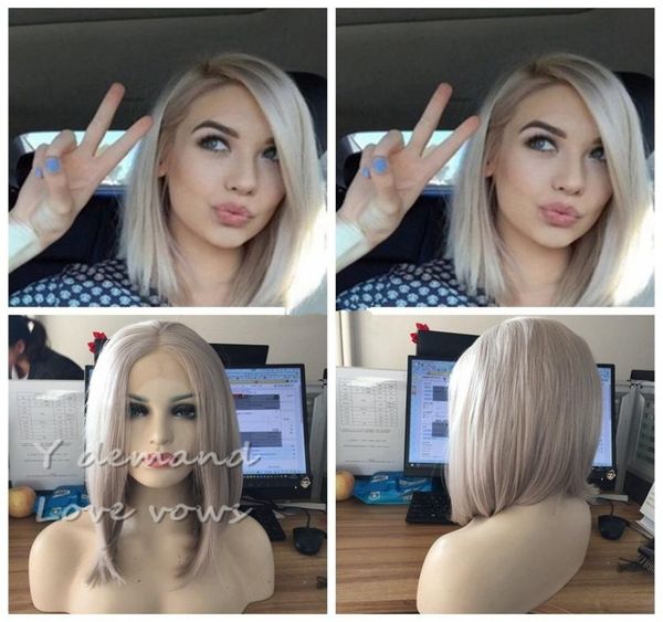 

short bob hair silver platinum blonde lace front lace wigs synthetic ash blonde straight heat resistant fiber wigs middle parting 3895169, Black