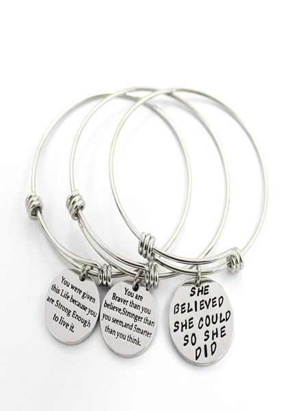 

adjustable stainless steel bracelets for womens inspirational words metal card charm bracelet quotshe believed she could1423655, Golden;silver