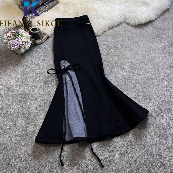 

black mermaid skirt women spring summer slim high waist long skirt lace up fashion denim spliced split a-line skirts