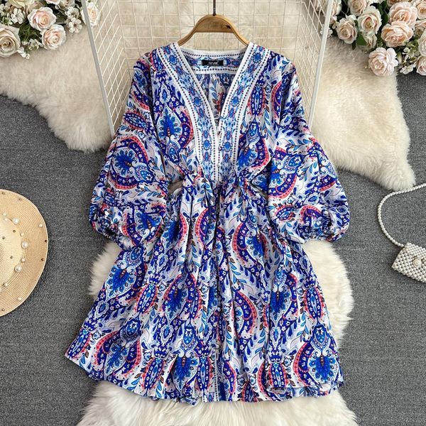 

casual dresses french women v-neck long puff sleeve slim short dress runway paisley print single breasted button up belt mini vestidos 2023, Black;gray