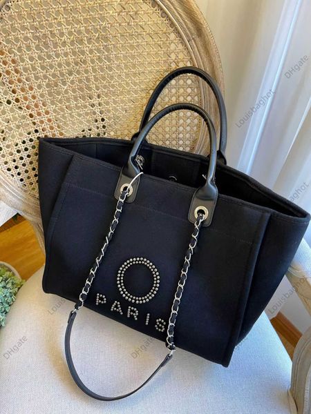 

womens shopping bag fashion shoulder bag canvas designer beach bags with chain luxury handbag linen pearls printing