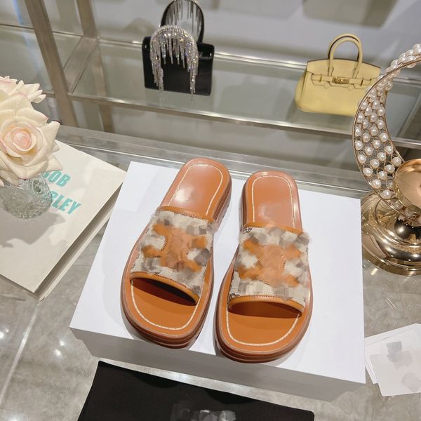 

classic paris triomphe slippers brown black clea sandal slide triomphe stamped canvas cowhide leather platform slipper block heels thick sol