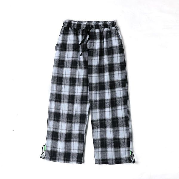 

pants 2022 new hip hop elastic waist wide leg pants casual loose drawstring trousers streetwear plaid relaxed fit pants men, Black