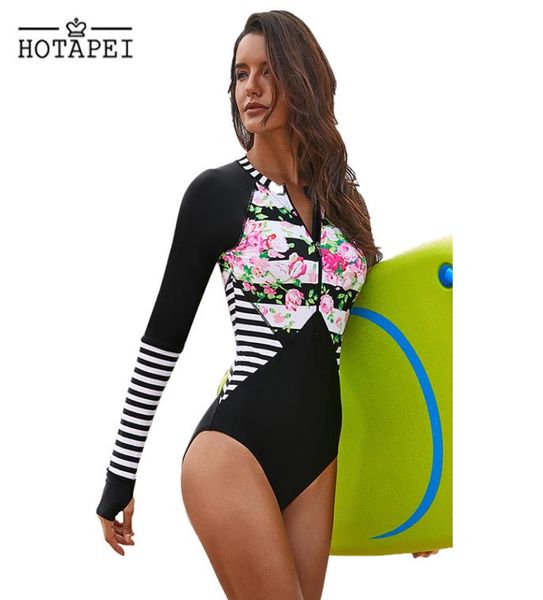 

2019 new print one piece swimsuit long sleeve swimwear women zipper bathing suit retro sport bodysuit surfing swim wear1692285
