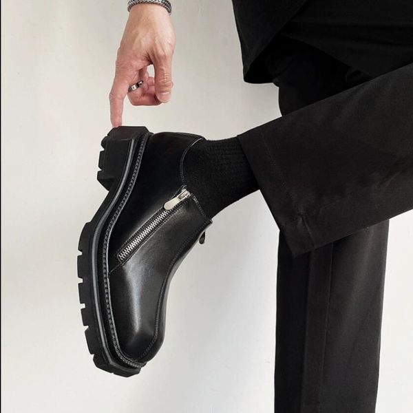 

british style square toe mens casual shoes zipper loafers leather zipper lazy boats shoes, Black