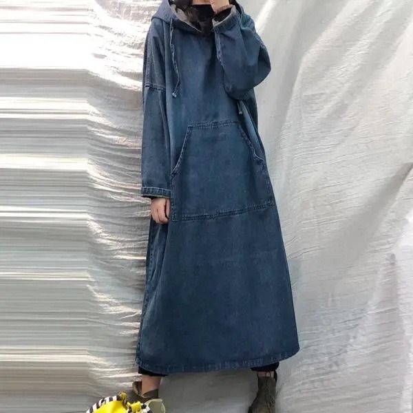 

basic & casual dresses: vintage forest women's denim hooded dress, fall/winter, loose fit, long sleeve, blue, sizes s-xl, Black;gray