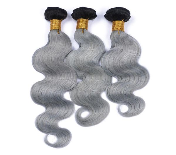 

9a virgin brazilian 1bgrey ombre human hair 3pcs body wave hair extensions dark roots silver grey ombre brazilian human hair weav5186005, Black