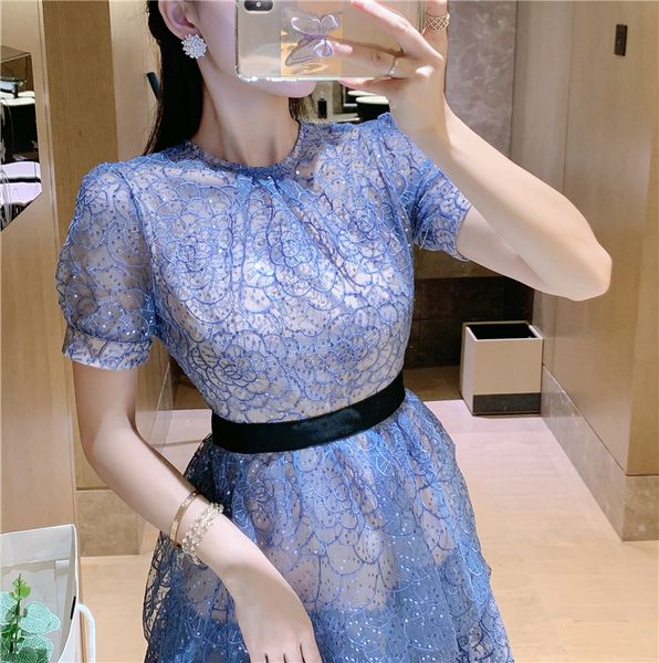 

casual dresses s-elf-portrait polyester mini dress sequins short sleeve short dress for women, Black;gray