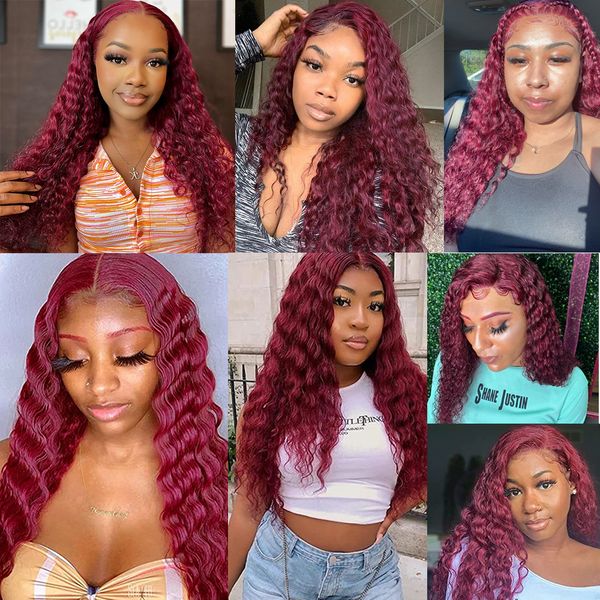 

fashion 13x4 deep wave frontal wig burgundy lace front human wigs for women pre plucked brazilian hair wigs 99j loose deep wave wig, Black;brown