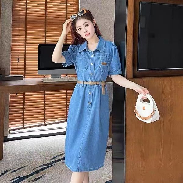 

basic & casual dresses 2023 summer short sleeve denim a-line dress, lapel neck, mid-length, solid blue color, flora print, sizes s-xl, weste, Black;gray