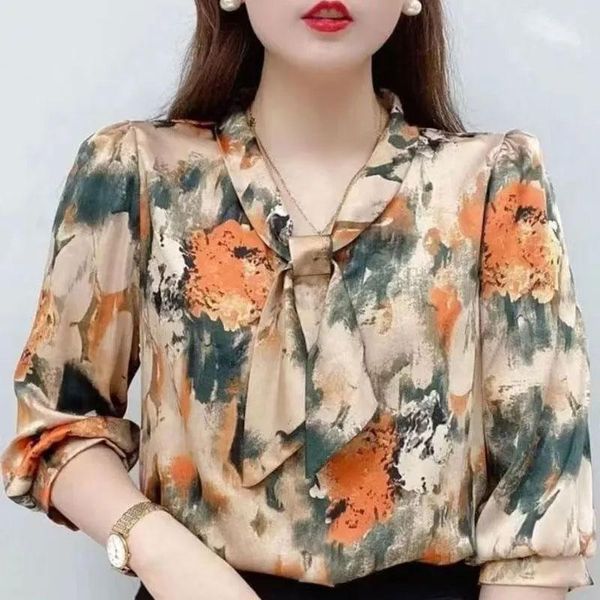 

t-shirt female clothing fashion floral printed blouse 2022 spring summer new casual commute three quarter sleeve elegant vneck shirt, White
