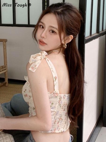 

t-shirt summer floral vest women party retro bandage mini tank female korean fashion backless beach sweet 2022 new, White
