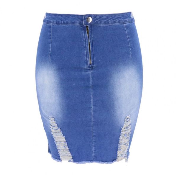 

summer women midi skirt ripped hole high waist zipper buttons closure asymmetric tassel hem denim skirt, Black
