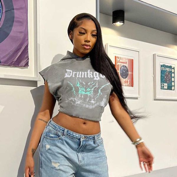

american street wear casual summer alphabet print features sleeveless crop short style hooded t-shirt, White;black