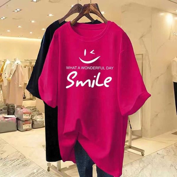 

wholesale custom 100 cotton smiley smile printed summer short sleeve t-shirt women's 2023 new crewneck loose top, White;black