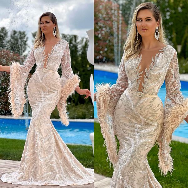 

gorgeous mermaid prom dresses deep v-neck sleeves applicants on tulle belt feathers backless court gown custom made plus size party dress ve, Black