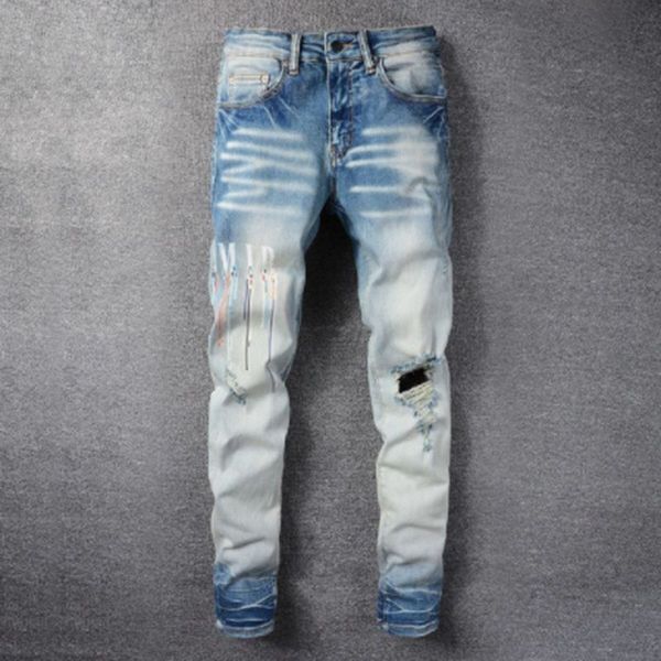 

graphic jeans men trousers fashion high street men black multicolor letter print elastic motorcycle pants hip hop jeans, Blue
