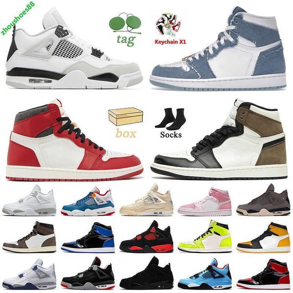 

women mens jumpman 1 4 basketball shoes military black denim 1s high og lost found dark mocha midnight navy red thunder 4s sports trainers b