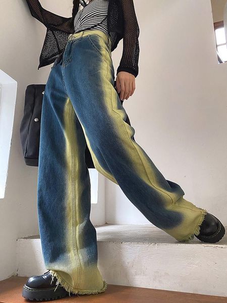 

jeans summer washed gradient straight women's jeans high waist loose wide leg pants ladies jeans y2k retro high street denim trousers, Blue
