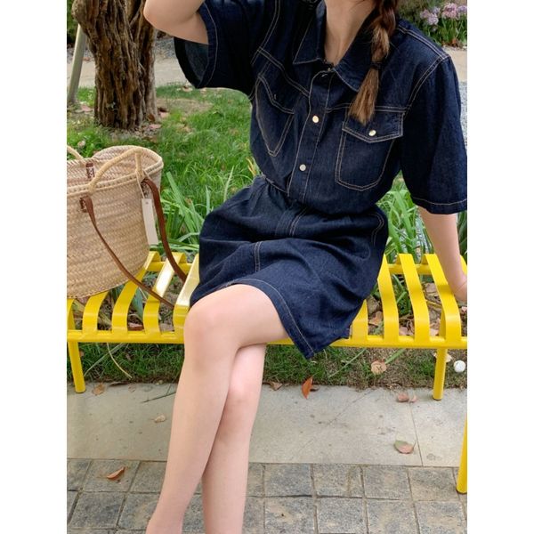 

vintage denim dress: summer thin waist casual shirt dress, adjustable, flora print. blue. sizes s, , l. perfect for daily casual. basic & c, Black;gray