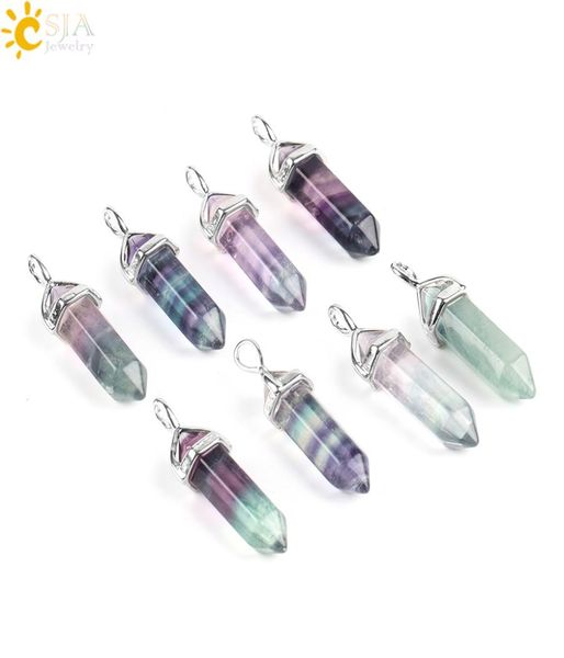 

csja fluorite necklace pendant natural gemstone bullet hexagonal point pendulum column reiki healing chakra jewelry for men wo2497640, Silver