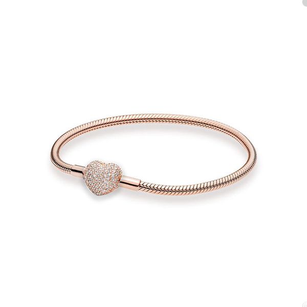 

18k rose gold pave heart clasp charm bracelet for pandora snake chain wedding bracelets for women girls crystal diamond luxury love bracelet, Golden;silver