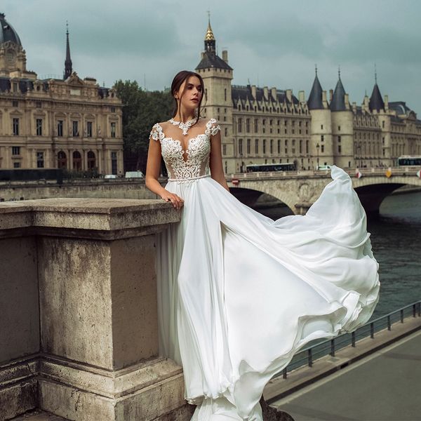 

graceful chiffon side split wedding dresses appliques cap sleeves buttons back floor length beach bridal dress, White