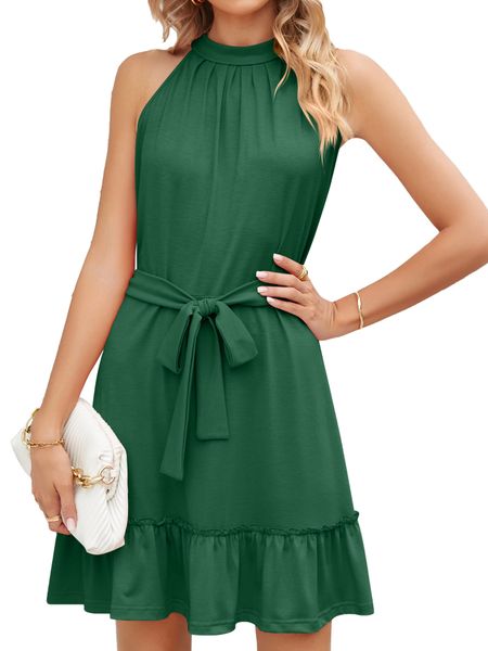 

women sleeveless round neck lace up pleated medium dress for summer, Black;gray
