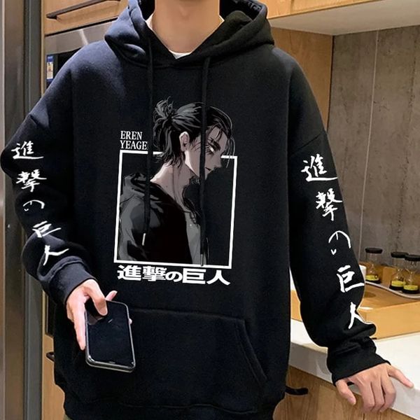 

attack on titan hoodies eren yeager anime print hoodie long sleeve loose hip hop sweatshirt men streetwear oversized hoody, Black