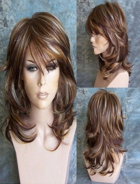 

medium side bang highlighted layered slightly curled brown hair synthetic wig8717934, Black