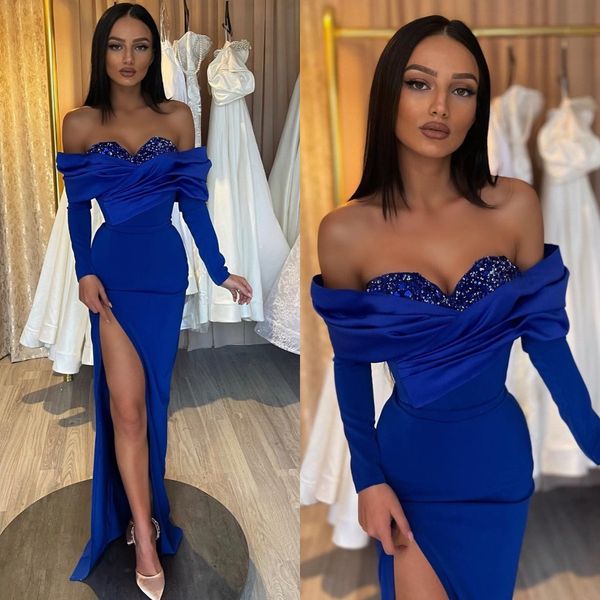 

elegant royal blue prom dresses sequins off shoulder long sleeves party evening gowns split formal long special occasion dress, Black