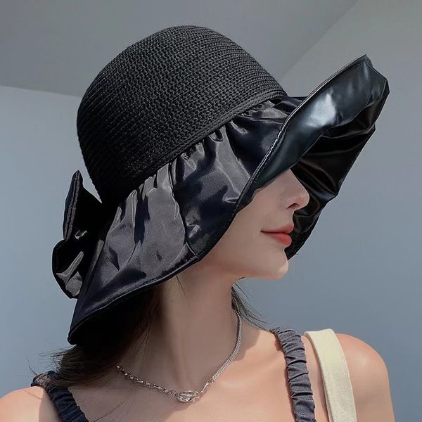 

designer bow splicing big brim hat ladies outdoor sun hat cover face anti-uv sun hat, Blue;gray