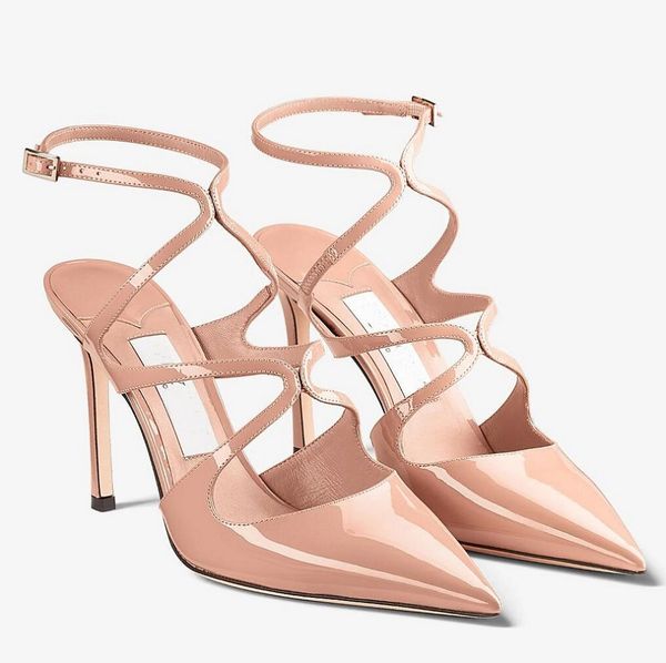

summer brand 23s/s azia sandals shoes women black nude patent leather cross strappy pointed toe ladies party dress high heels eu35-43