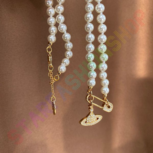 

2023 saturn curved pin necklacepearl beaded diamond tennis necklace woman silver chains vintage trendy style desigenr